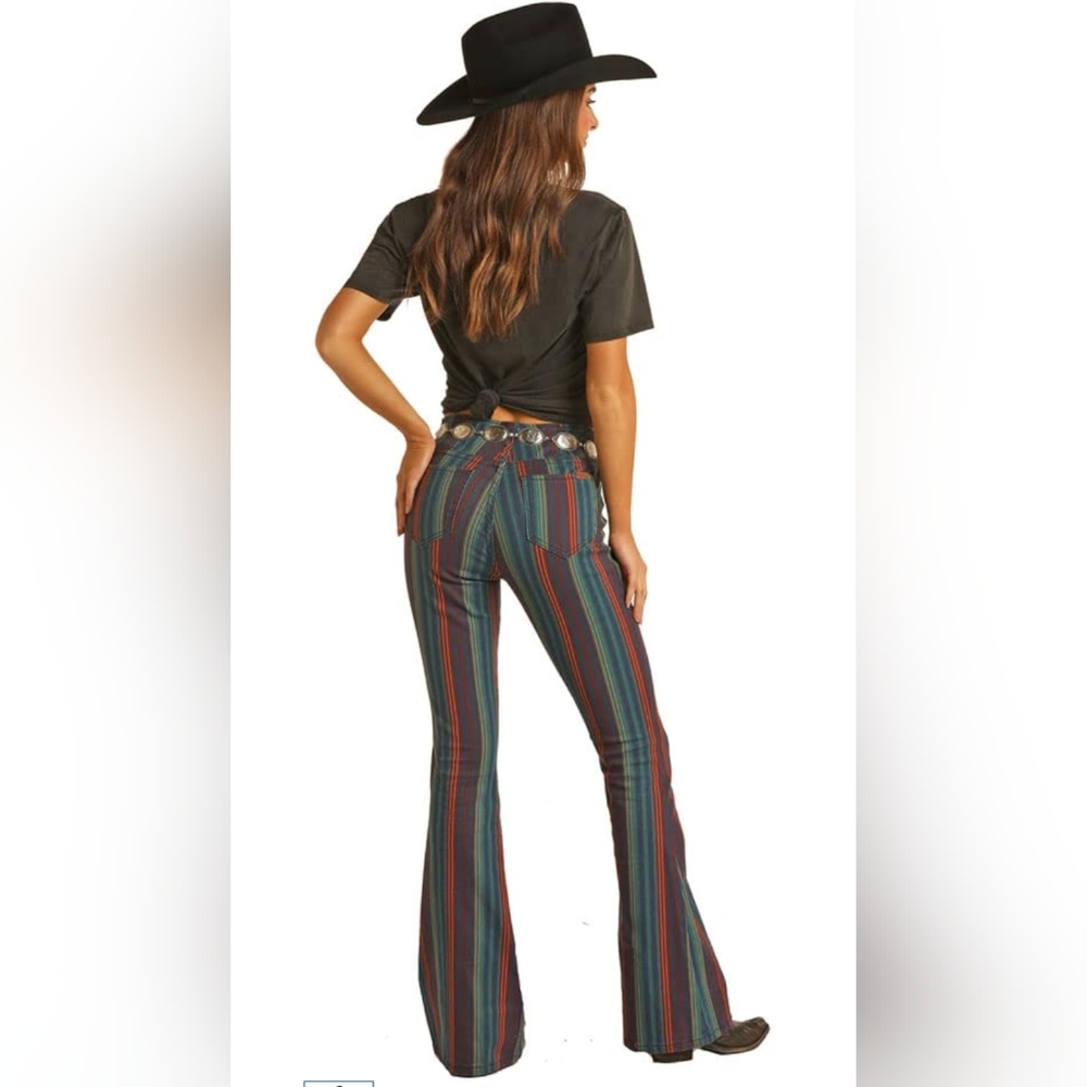 Rock & Roll Cowgirl Denim Bargain Bell Bottoms Pull On Size 26 Stripe Festival - Picture 10 of 10